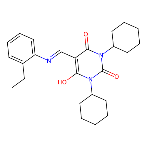 1,3-dicyclohexyl-5-{[(2-ethylphenyl)amino]methylidene}pyrimidine-2,4,6(1H,3H,5H)-trione structure