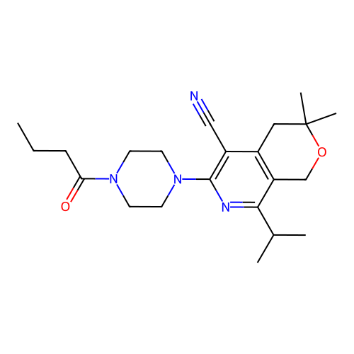 6-(4-butanoylpiperazin-1-yl)-3,3-dimethyl-8-(propan-2-yl)-1H,3H,4H-pyrano[3,4-c]pyridine-5-carbonitrile structure