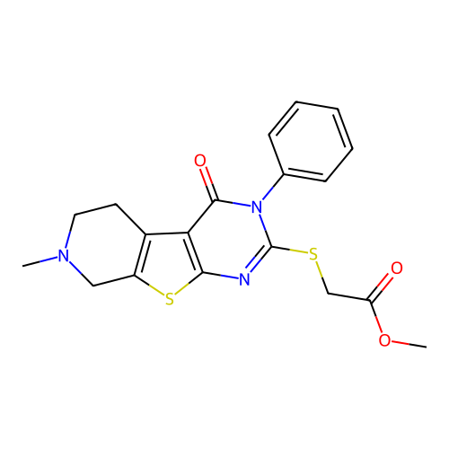 2-[(7-methyl-4-oxo-3-phenyl-6,8-dihydro-5H-pyrido[2,3]thieno[2,4-b]pyrimidin-2-yl)thio]acetic acid methyl ester structure