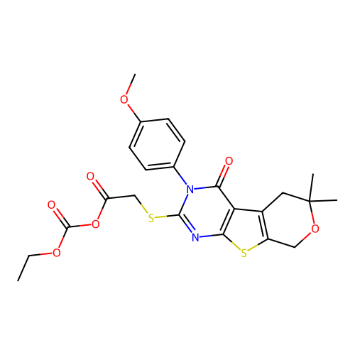 (ethyl carbonic) 2-((3-(4-methoxyphenyl)-6,6-dimethyl-4-oxo-4,5,6,8-tetrahydro-3H-pyrano[4',3':4,5]thieno[2,3-d]pyrimidin-2-yl)thio)acetic anhydride structure