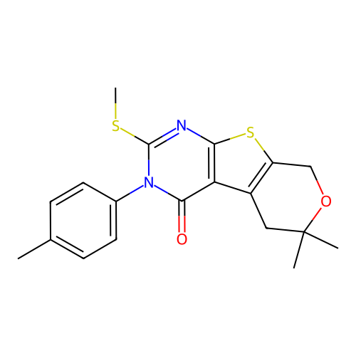 6,6-dimethyl-3-(4-methylphenyl)-2-(methylsulfanyl)-3,5,6,8-tetrahydro-4H-pyrano[4',3':4,5]thieno[2,3-d]pyrimidin-4-one structure
