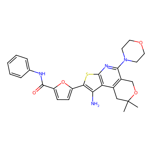 5-[1-amino-8,8-dimethyl-5-(morpholin-4-yl)-8,9-dihydro-6H-pyrano[4,3-d]thieno[2,3-b]pyridin-2-yl]-N-phenylfuran-2-carboxamide structure