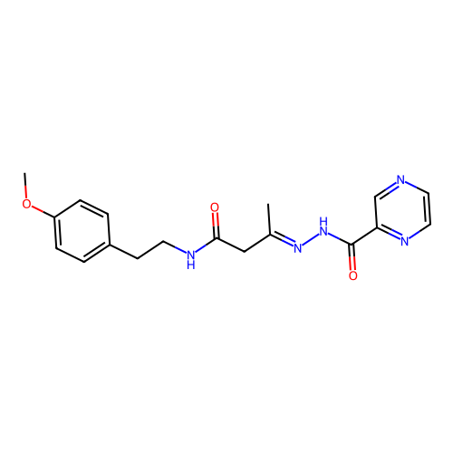 (E)-N-(4-methoxyphenethyl)-3-(2-(pyrazine-2-carbonyl)hydrazono)butanamide structure