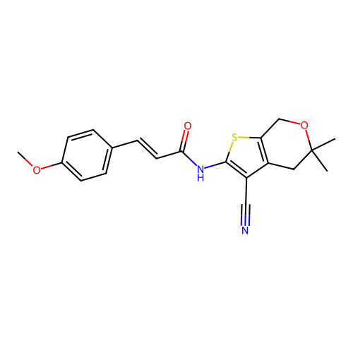 (2E)-N-(3-cyano-5,5-dimethyl-4,7-dihydro-5H-thieno[2,3-c]pyran-2-yl)-3-(4-methoxyphenyl)prop-2-enamide structure