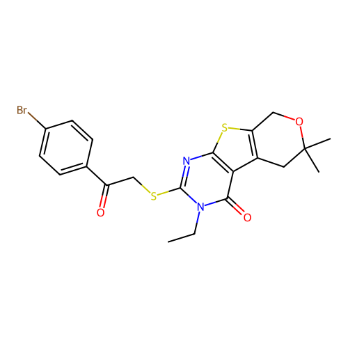2-((2-(4-bromophenyl)-2-oxoethyl)thio)-3-ethyl-6,6-dimethyl-5,6-dihydro-3H-pyrano[4',3':4,5]thieno[2,3-d]pyrimidin-4(8H)-one structure