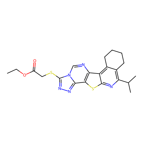 ethyl {[11-(propan-2-yl)-7,8,9,10-tetrahydro[1,2,4]triazolo[4'',3'':1',6']pyrimido[4',5':4,5]thieno[2,3-c]isoquinolin-3-yl]sulfanyl}acetate structure