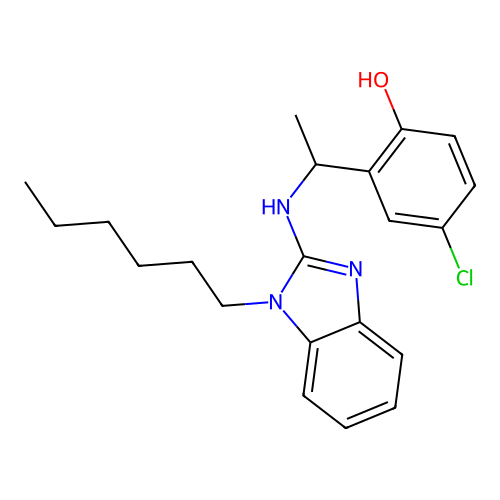 4-chloro-2-{1-[(1-hexyl-1H-benzimidazol-2-yl)amino]ethyl}phenol structure