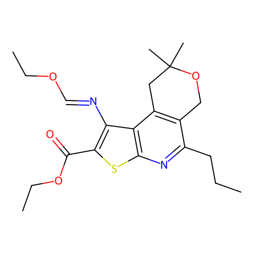 (E)-ethyl 1-((ethoxymethylene)amino)-8,8-dimethyl-5-propyl-8,9-dihydro-6H-pyrano[4,3-d]thieno[2,3-b]pyridine-2-carboxylate structure
