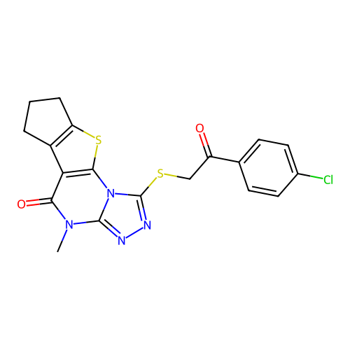 1-((2-(4-chlorophenyl)-2-oxoethyl)thio)-4-methyl-7,8-dihydro-4H-cyclopenta[4,5]thieno[3,2-e][1,2,4]triazolo[4,3-a]pyrimidin-5(6H)-one structure
