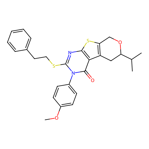 3-(4-methoxyphenyl)-2-[(2-phenylethyl)sulfanyl]-6-(propan-2-yl)-3,5,6,8-tetrahydro-4H-pyrano[4',3':4,5]thieno[2,3-d]pyrimidin-4-one structure
