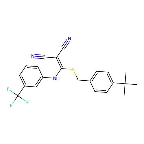 2-(((4-(tert-butyl)benzyl)thio)((3-(trifluoromethyl)phenyl)amino)methylene)malononitrile structure