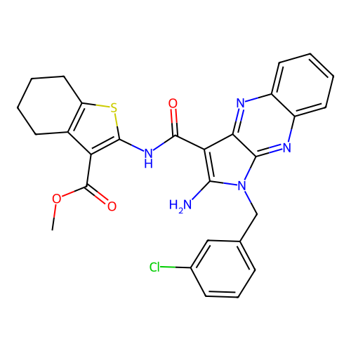 methyl 2-({[2-amino-1-(3-chlorobenzyl)-1H-pyrrolo[2,3-b]quinoxalin-3-yl]carbonyl}amino)-4,5,6,7-tetrahydro-1-benzothiophene-3-carboxylate structure