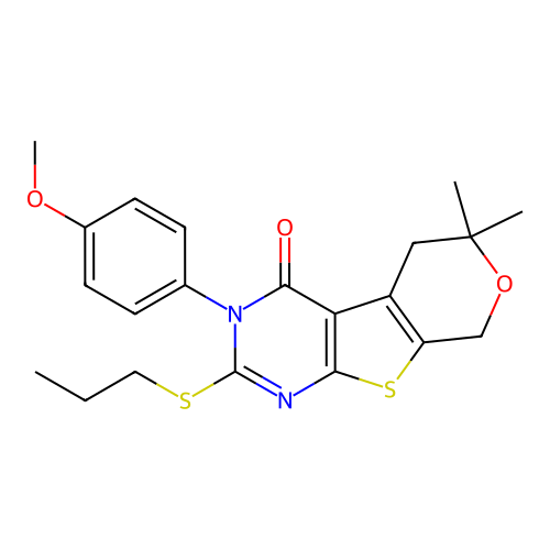 3-(4-methoxyphenyl)-6,6-dimethyl-2-(propylsulfanyl)-3,5,6,8-tetrahydro-4H-pyrano[4',3':4,5]thieno[2,3-d]pyrimidin-4-one structure