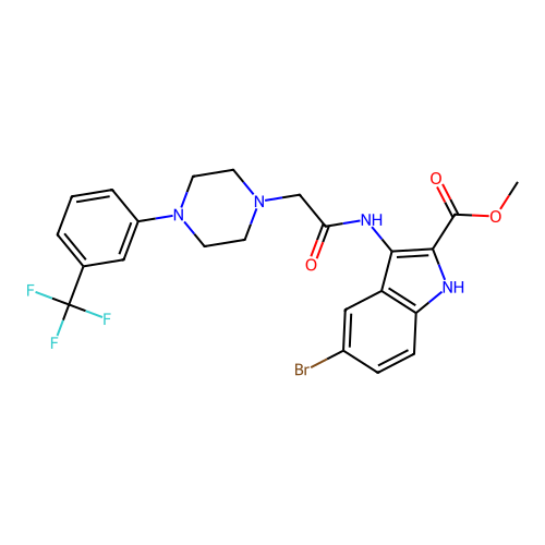 methyl 5-bromo-3-(2-(4-(3-(trifluoromethyl)phenyl)piperazin-1-yl)acetamido)-1H-indole-2-carboxylate structure