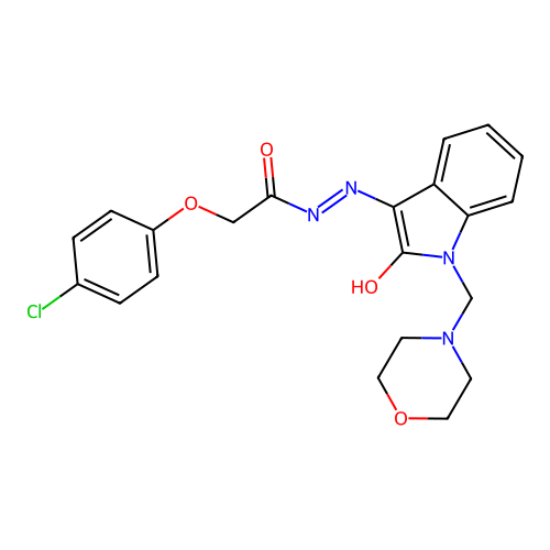2-(4-chlorophenoxy)-N'-[(3E)-1-(morpholin-4-ylmethyl)-2-oxo-1,2-dihydro-3H-indol-3-ylidene]acetohydrazide structure