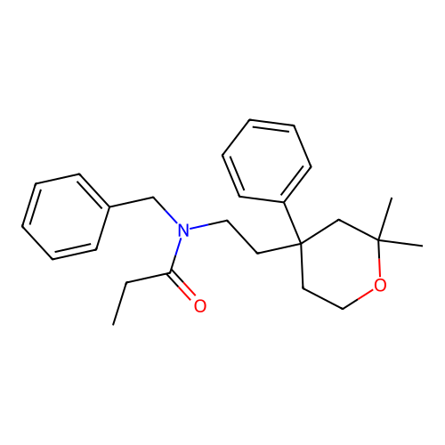 N-benzyl-N-(2-(2,2-dimethyl-4-phenyltetrahydro-2H-pyran-4-yl)ethyl)propionamide structure