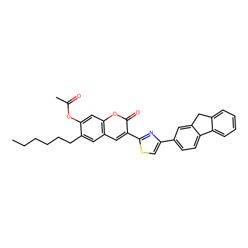 3-[4-(9H-fluoren-2-yl)-1,3-thiazol-2-yl]-6-hexyl-2-oxo-2H-chromen-7-yl acetate structure