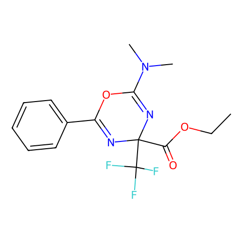 ethyl 2-(dimethylamino)-6-phenyl-4-(trifluoromethyl)-4H-1,3,5-oxadiazine-4-carboxylate structure