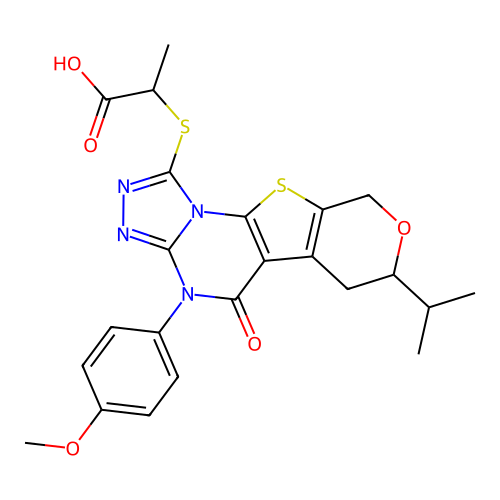 2-((7-isopropyl-4-(4-methoxyphenyl)-5-oxo-5,6,7,9-tetrahydro-4H-pyrano[4',3':4,5]thieno[3,2-e][1,2,4]triazolo[4,3-a]pyrimidin-1-yl)thio)propanoic acid structure