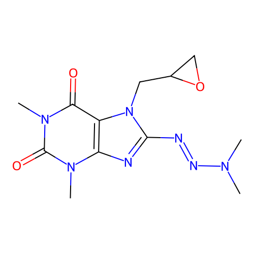 8-[(E)-dimethylaminoazo]-1,3-dimethyl-7-(oxiran-2-ylmethyl)purine-2,6-dione structure