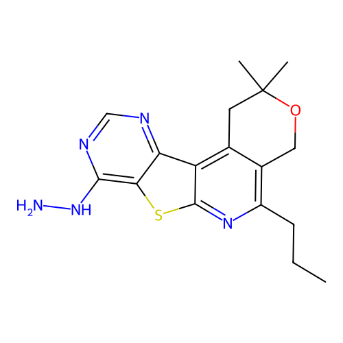 8-hydrazinyl-2,2-dimethyl-5-propyl-1,4-dihydro-2H-pyrano[4'',3'':4',5']pyrido[3',2':4,5]thieno[3,2-d]pyrimidine structure