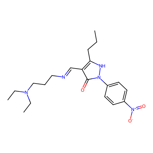 (E)-4-(((3-(diethylamino)propyl)imino)methyl)-2-(4-nitrophenyl)-5-propyl-1H-pyrazol-3(2H)-one structure