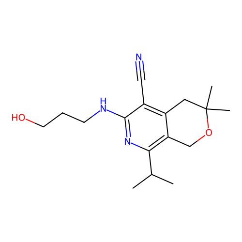 6-(3-hydroxypropylamino)-3,3-dimethyl-8-propan-2-yl-1,4-dihydropyrano[3,4-c]pyridine-5-carbonitrile structure