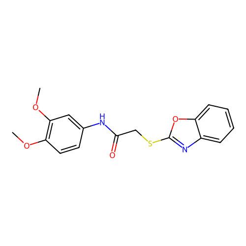 2-(1,3-benzoxazol-2-ylsulfanyl)-N-(3,4-dimethoxyphenyl)acetamide structure