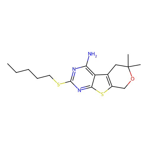 6,6-dimethyl-2-(pentylsulfanyl)-5,8-dihydro-6H-pyrano[4',3':4,5]thieno[2,3-d]pyrimidin-4-amine structure