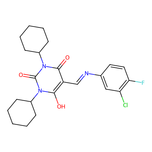 5-[(3-chloro-4-fluoroanilino)methylidene]-1,3-dicyclohexyl-1,3-diazinane-2,4,6-trione structure