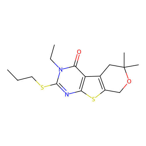 3-ethyl-6,6-dimethyl-2-(propylthio)-5,6-dihydro-3H-pyrano[4',3':4,5]thieno[2,3-d]pyrimidin-4(8H)-one structure