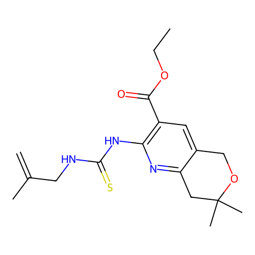 ethyl 7,7-dimethyl-2-(2-methylprop-2-enylcarbamothioylamino)-5,8-dihydropyrano[4,3-b]pyridine-3-carboxylate structure