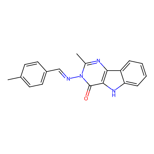 (E)-2-methyl-3-((4-methylbenzylidene)amino)-3H-pyrimido[5,4-b]indol-4(5H)-one structure