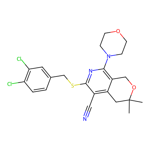 6-((3,4-dichlorobenzyl)thio)-3,3-dimethyl-8-morpholino-3,4-dihydro-1H-pyrano[3,4-c]pyridine-5-carbonitrile structure