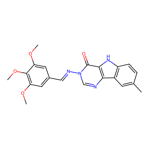 (E)-8-methyl-3-((3,4,5-trimethoxybenzylidene)amino)-3H-pyrimido[5,4-b]indol-4(5H)-one structure