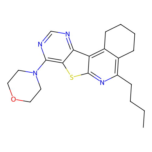 4-(5-butyl-1,2,3,4-tetrahydropyrimido[4',5':4,5]thieno[2,3-c]isoquinolin-8-yl)morpholine structure