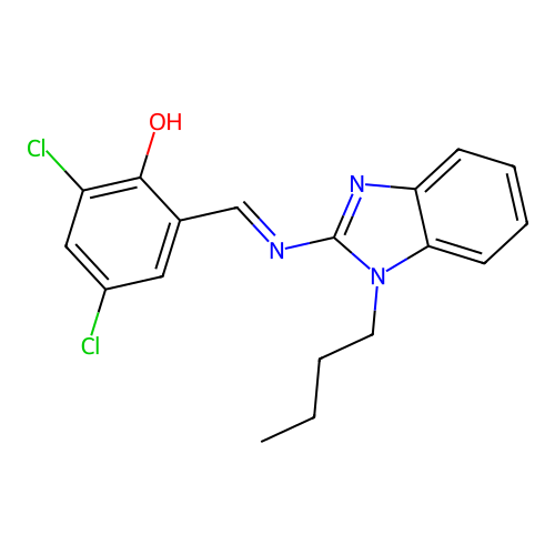2-(((1-butyl-1H-benzo[d]imidazol-2-yl)imino)methyl)-4,6-dichlorophenol structure