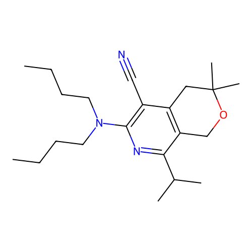 6-(dibutylamino)-3,3-dimethyl-8-(propan-2-yl)-3,4-dihydro-1H-pyrano[3,4-c]pyridine-5-carbonitrile structure