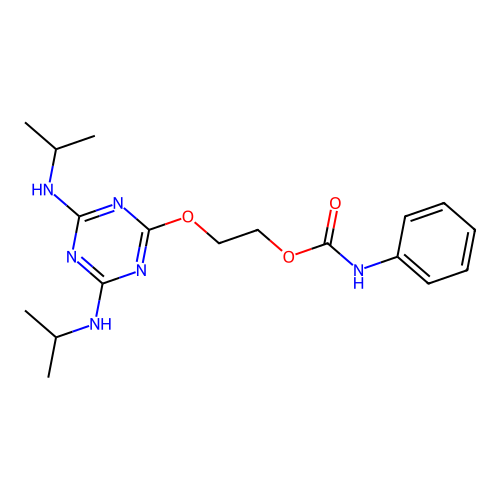 2-{[4,6-Bis(propan-2-ylamino)-1,3,5-triazin-2-yl]oxy}ethyl phenylcarbamate structure