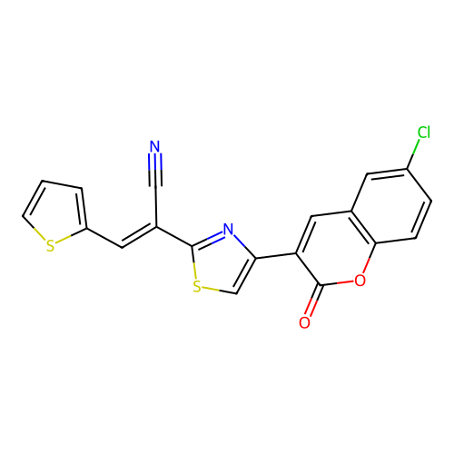 (E)-2-(4-(6-chloro-2-oxo-2H-chromen-3-yl)thiazol-2-yl)-3-(thiophen-2-yl)acrylonitrile structure