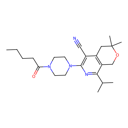 3,3-dimethyl-6-(4-pentanoylpiperazin-1-yl)-8-(propan-2-yl)-3,4-dihydro-1H-pyrano[3,4-c]pyridine-5-carbonitrile structure
