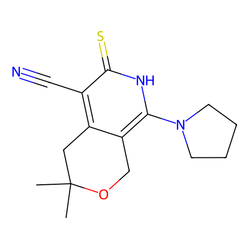 3,3-dimethyl-8-(pyrrolidin-1-yl)-6-thioxo-3,4,6,7-tetrahydro-1H-pyrano[3,4-c]pyridine-5-carbonitrile structure