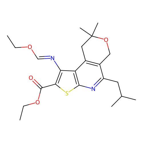 (E)-ethyl 1-((ethoxymethylene)amino)-5-isobutyl-8,8-dimethyl-8,9-dihydro-6H-pyrano[4,3-d]thieno[2,3-b]pyridine-2-carboxylate structure