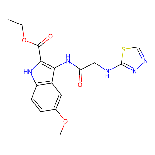 ethyl 3-(2-((1,3,4-thiadiazol-2-yl)amino)acetamido)-5-methoxy-1H-indole-2-carboxylate structure
