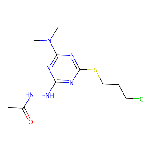 N'-(4-((3-chloropropyl)thio)-6-(dimethylamino)-1,3,5-triazin-2-yl)acetohydrazide structure