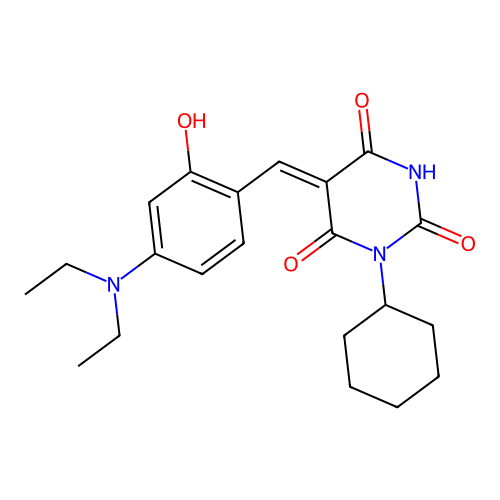(5Z)-1-cyclohexyl-5-[4-(diethylamino)-2-hydroxybenzylidene]pyrimidine-2,4,6(1H,3H,5H)-trione structure