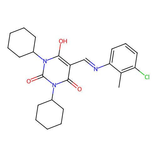 5-[(3-chloro-2-methylanilino)methylidene]-1,3-dicyclohexyl-1,3-diazinane-2,4,6-trione structure