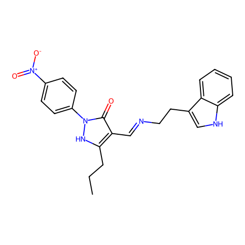 (4E)-4-({[2-(1H-indol-3-yl)ethyl]amino}methylidene)-2-(4-nitrophenyl)-5-propyl-2,4-dihydro-3H-pyrazol-3-one structure