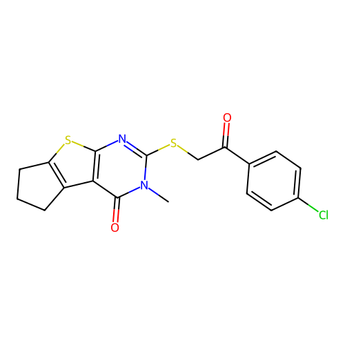 2-((2-(4-chlorophenyl)-2-oxoethyl)thio)-3-methyl-6,7-dihydro-3H-cyclopenta[4,5]thieno[2,3-d]pyrimidin-4(5H)-one structure