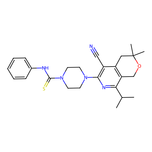 4-(5-cyano-3,3-dimethyl-8-propan-2-yl-1,4-dihydropyrano[3,4-c]pyridin-6-yl)-N-phenylpiperazine-1-carbothioamide structure